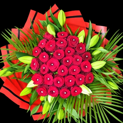 Red Roses & White Lily Hand tied