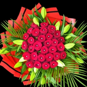 Red Roses & White Lily Hand tied